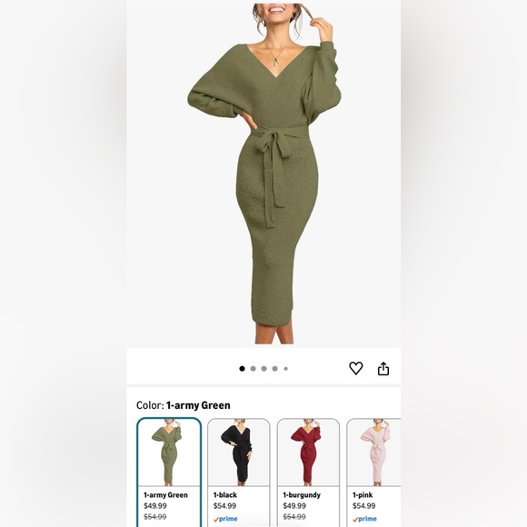 Olive green fitted V neck sweater dress - Picture 2 of 10